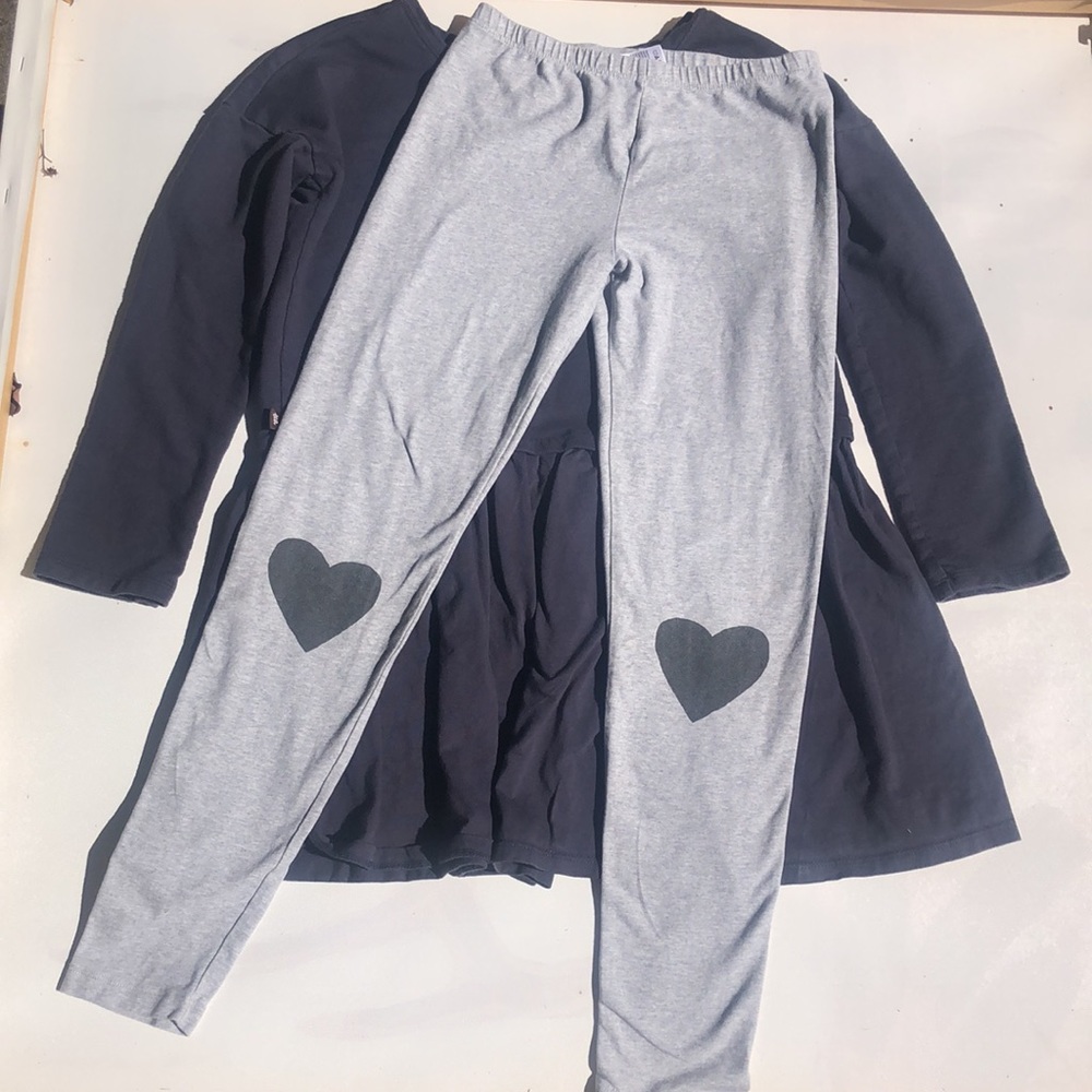 COPY - Tea Collection navy blue heavy cotton dress and grey heart leggings. Sz …